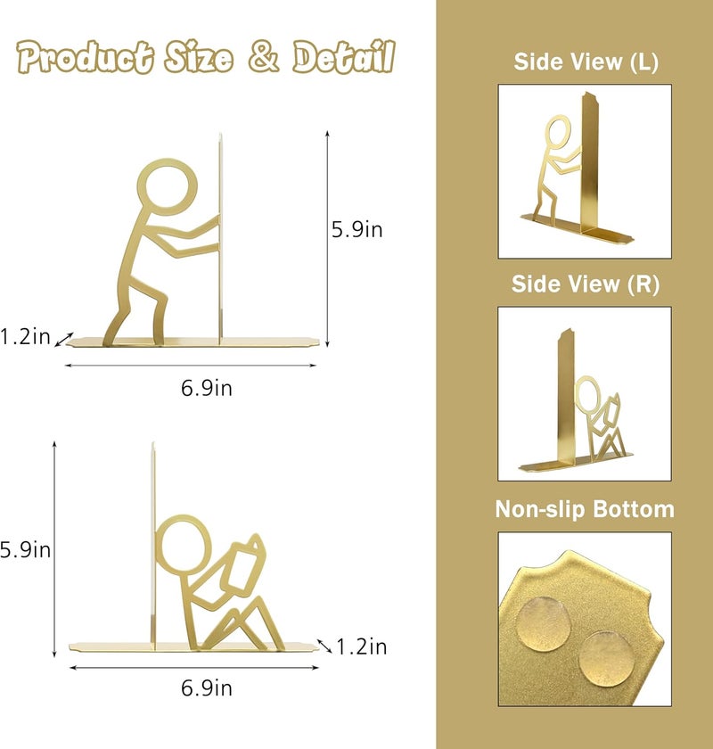 Natrlart Metal Unique Office Desk Bookends Decorative Cute Book Ends Reading Decor Bookshelf Decor for Office School Library Bedroom, Book Lovers Gift（Gold） - Image 2